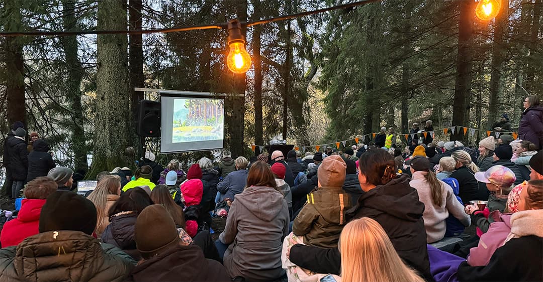 Vy över publik på skogsbio på Billingen