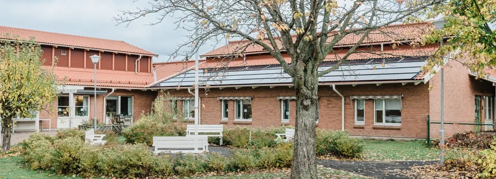 En byggnad med ett träd och bänkar framför.