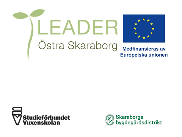Logotyper för Leader Östra Skaraborg, EU, Skaraborgs bygdegårdsdistrikt, Vuxenskolan