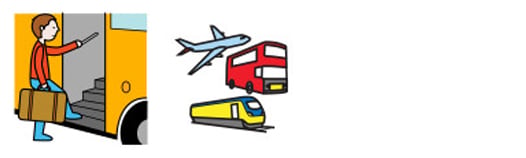 Person går ombord på buss, flygplan, tåg